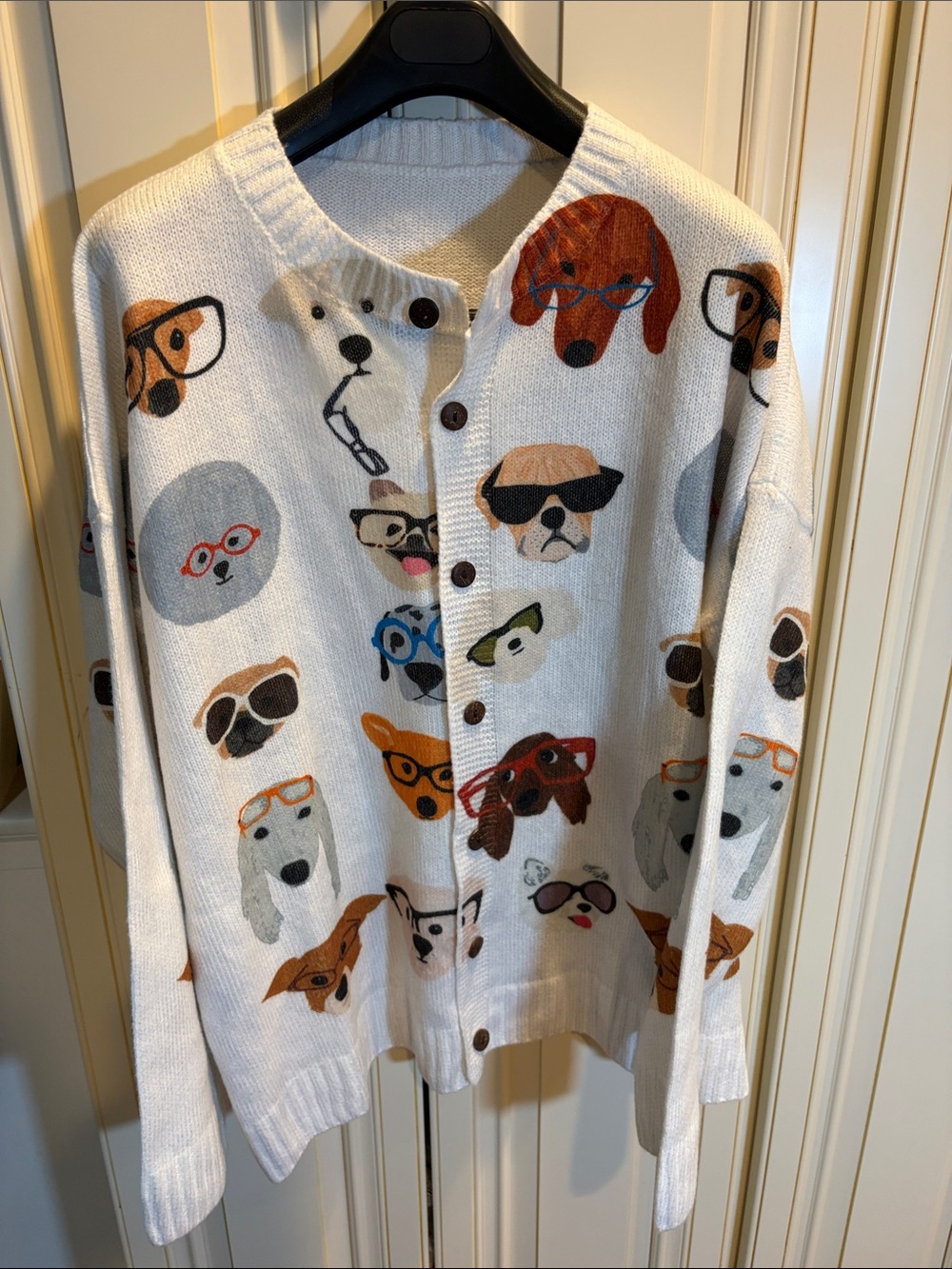White Dog puppy lover show glasses print Button Cardigan Sweater-plus size - Picture 1 of 6